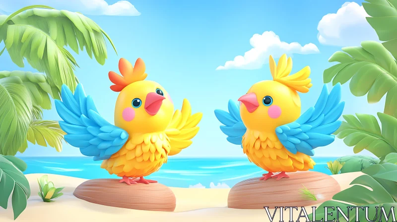 Tropical Birds Cartoon Illustration AI Image