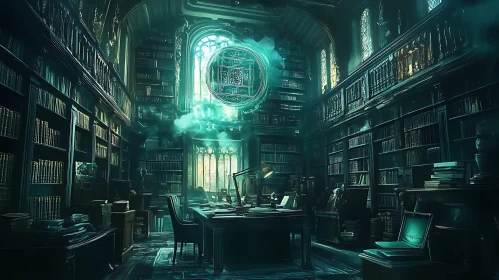 Old Magic Library with Books and Desk