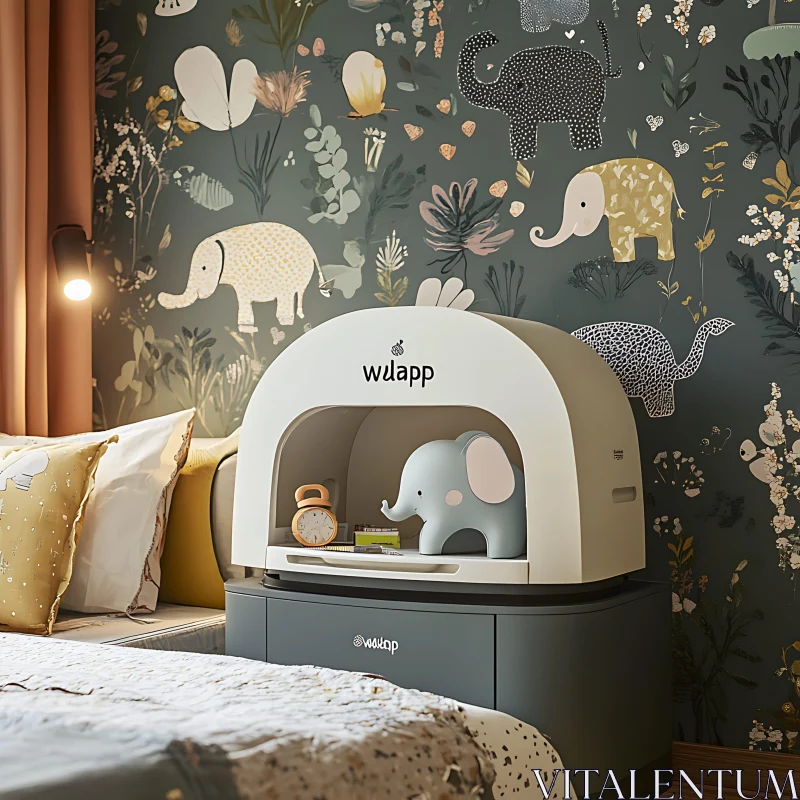 Whimsical Nursery with Elephant Wallpaper and Cute Decorations AI Image