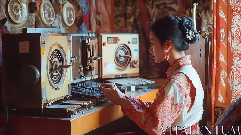 AI ART Vintage Asian Woman Operating Steampunk Device