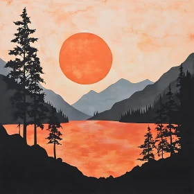 Sunset Lake Silhouette Art