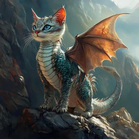 Whimsical Dragon-Cat Perched on Rocks