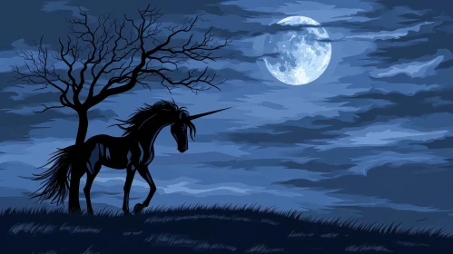 Dark Blue Unicorn in Moonlit Field | Mystical and Ethereal