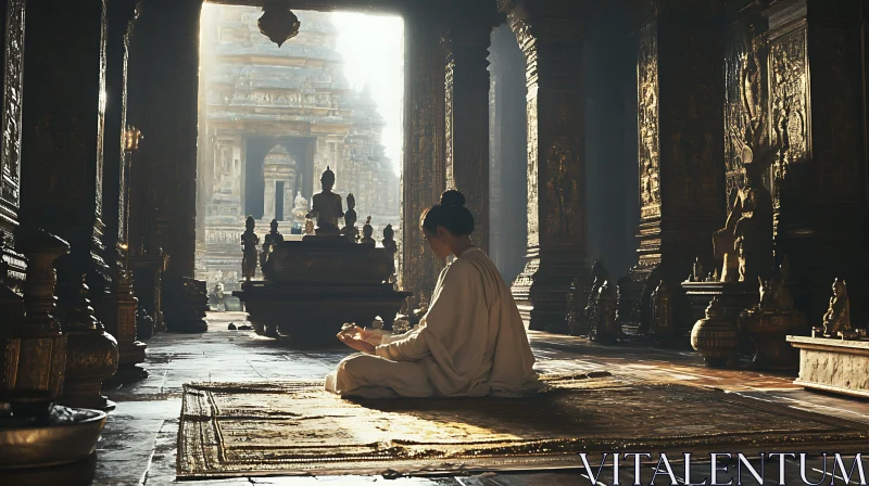 Woman Meditating in Ancient Temple AI Image