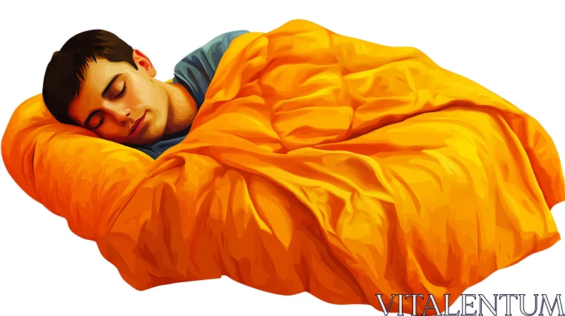 Man Asleep in Orange Bedding AI Image