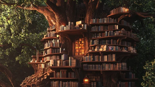 Whimsical Treehouse Library Surrounded by Nature