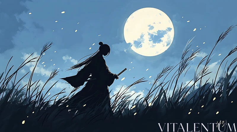 AI ART Moonlit Samurai Silhouette in the Night