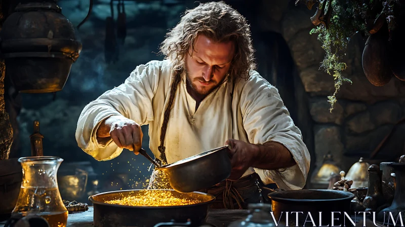 Man Preparing Food in a Rustic Kitchen AI Image