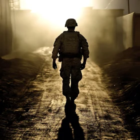 Soldier's Silhouette in a Smoky Landscape