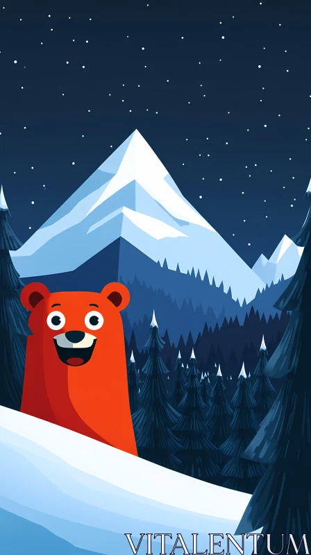 AI ART Cheerful Red Bear in Winter Forest