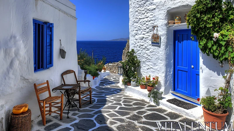 Island Architecture: White Walls and Blue Door AI Image