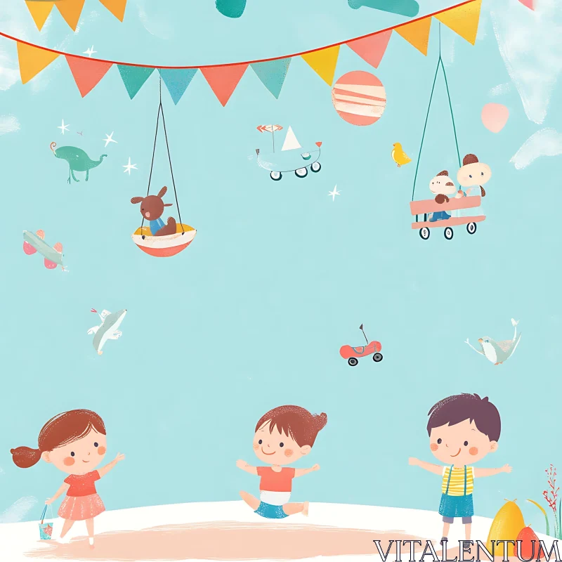 AI ART Cartoon Kids Playing Under Festive Sky