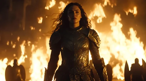 Armored Woman Against Burning Flames