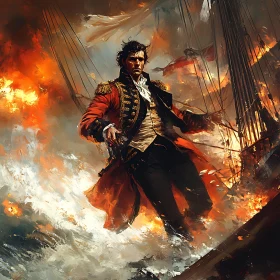 Man Amidst Ship Fire on the Sea