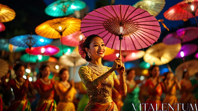 Cultural Dance with Colorful Umbrellas AI Image