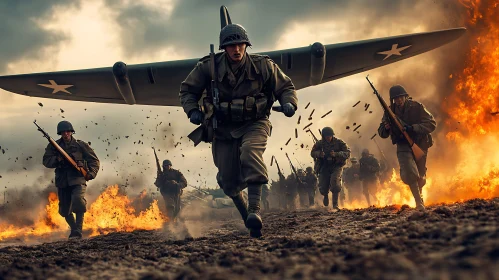 Soldiers in Action on a Fiery Battlefield