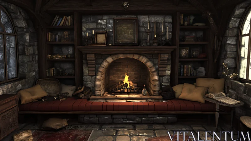 Cozy Stone Room with Fireplace AI Image