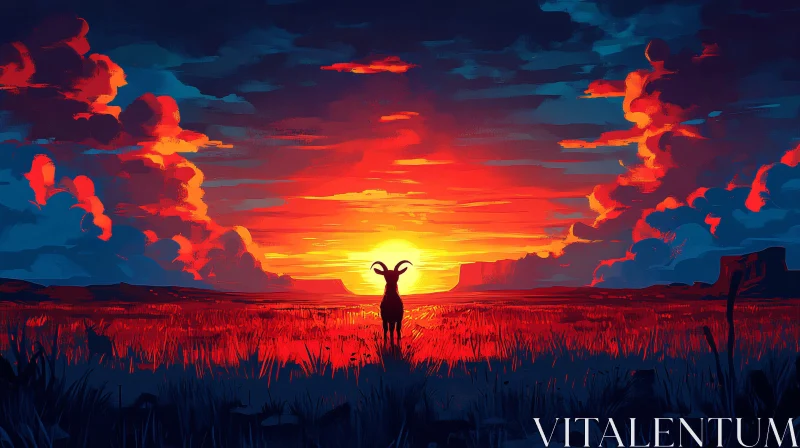 Sunset Landscape with Goat Silhouette AI Image