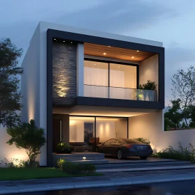 Minimalist Two-Story House Exterior at Night