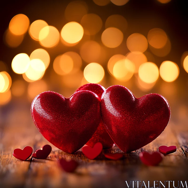 Hearts on Wood with Golden Bokeh AI Image