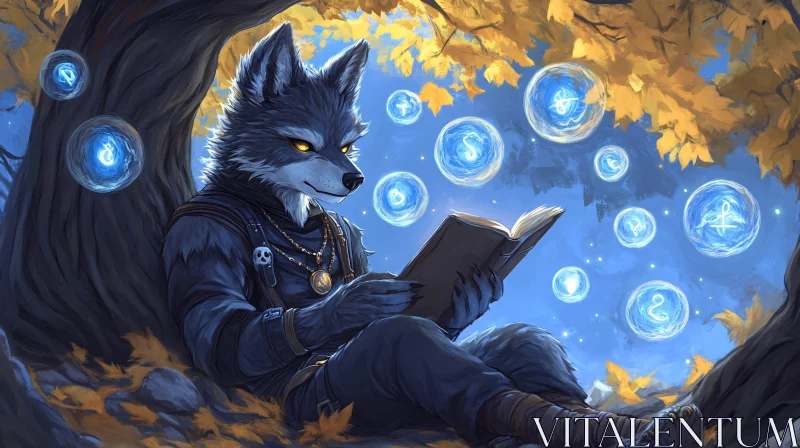 Mystical Wolf immersed in a book AI Image