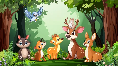 Cartoon Woodland Creatures in Lush Forest Setting