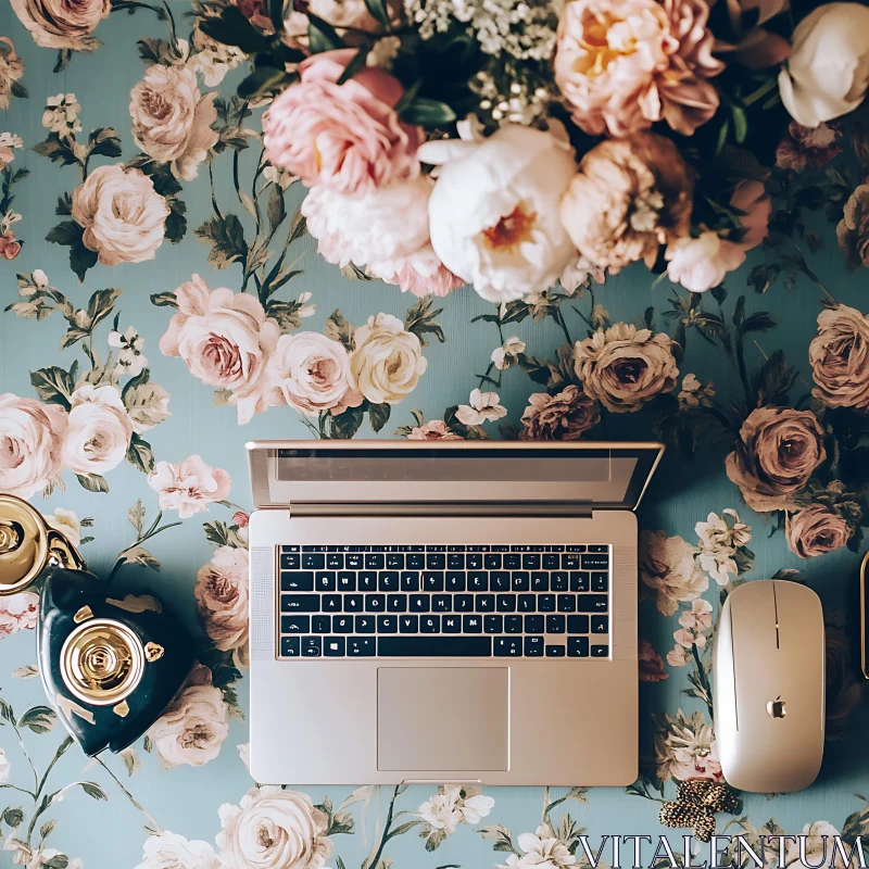 Stylish Workspace with Floral Decor and Modern Gadgets AI Image