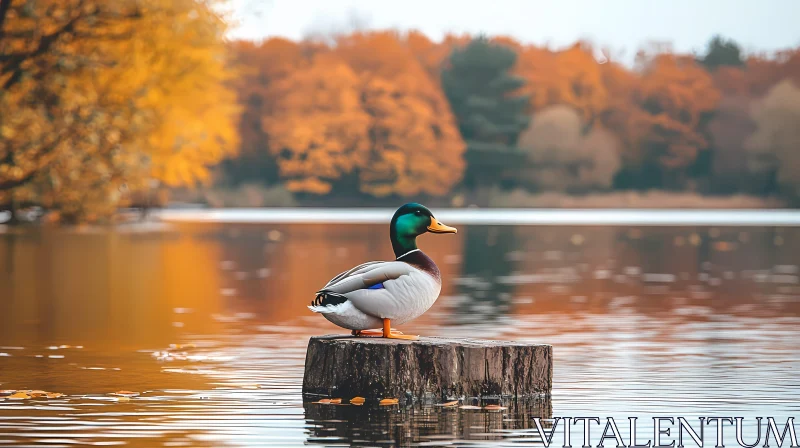 Duck on Stump in Autumn AI Image