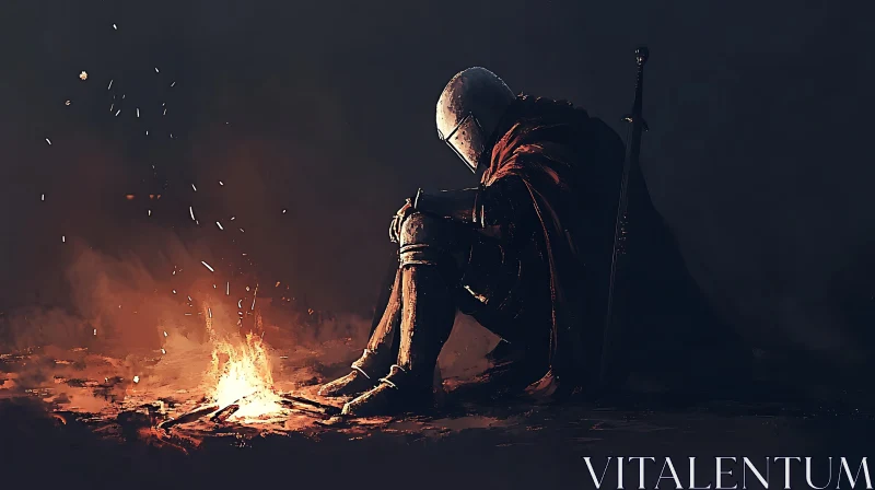 AI ART Knight's Vigil by the Fire