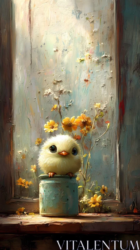 AI ART Fluffy Chick and Yellow Flowers