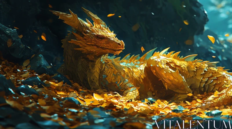 Golden Dragon in Autumn Leaves - Captivating Digital Painting AI Image