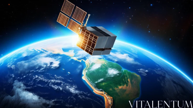 Graceful Satellite Flying Over Earth - Vibrant Illustrations AI Image