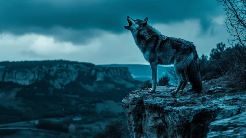 Majestic Wolf Howling on Rock in Snowy Landscape
