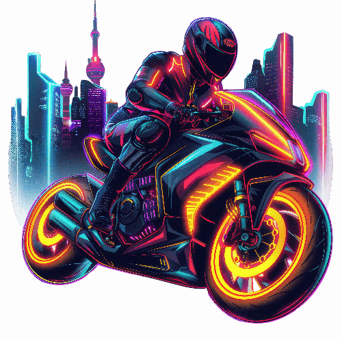 Night Ride: Man on Neon-Glow Motorcycle in Futuristic City