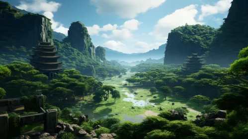 Unveiling a Serene Digital Landscape of Mountains, Creeks, and Temples