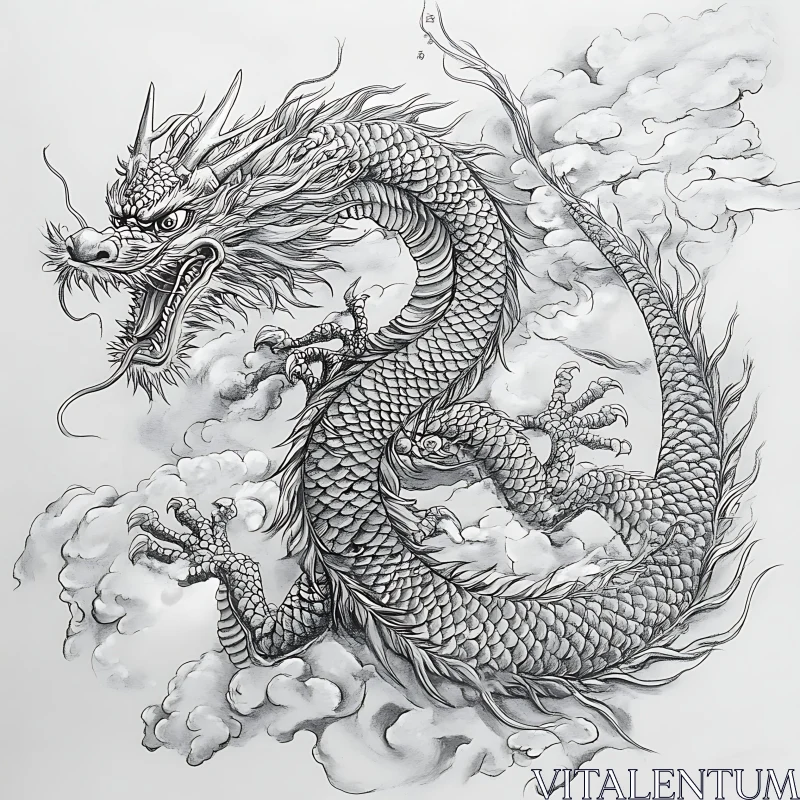 AI ART Detailed Dragon Sketch with Cloudscape