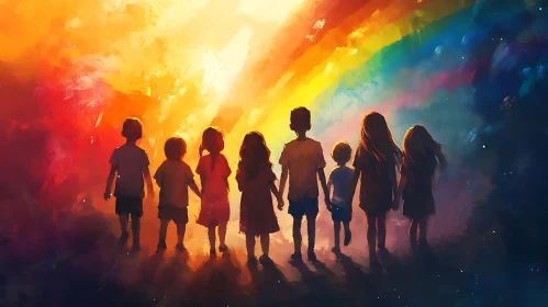 Kids Holding Hands Rainbow Painting