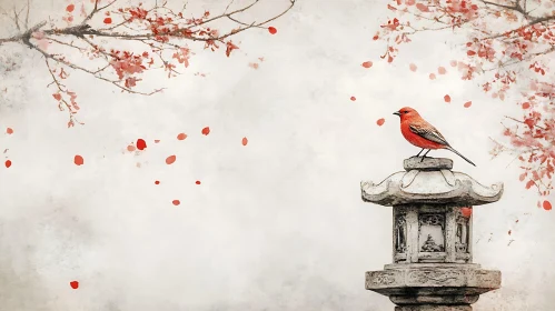 Red Bird and Cherry Blossoms Still Life