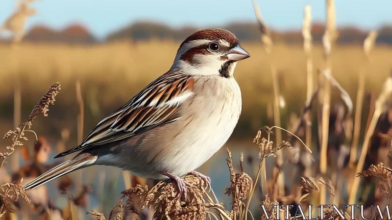 AI ART Sparrow Resting in Sunlit Field