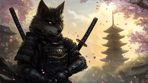 Samurai Wolf in Cherry Blossom Garden