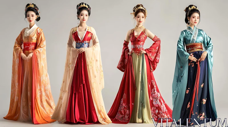 Elegant Hanfu Dresses of Different Colors AI Image