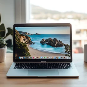 Modern Workspace with Beach Scene on Laptop Screen