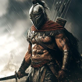 Armored Warrior with Sword in the Rain