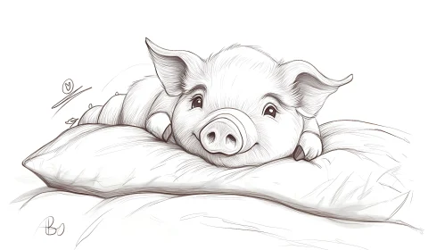 Cute Pig Sketch Resting on Pillow