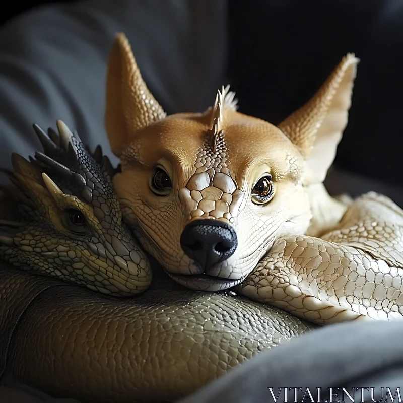 AI ART Dragon Dog Resting Together Art