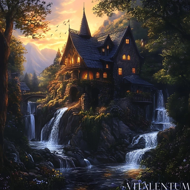 AI ART Fantasy House by the Waterfall