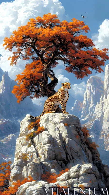 Cheetah on Rocky Cliff with Orange Trees AI Image