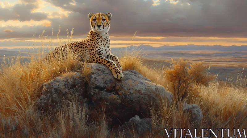 Cheetah on a Rock with Sunset AI Image