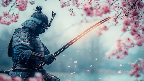 Warrior with Katana among Cherry Blossoms