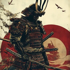 Japanese Samurai Warrior with Katana Swords